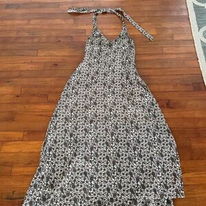 Brown and beige floral halter dress with adjustable tie neck